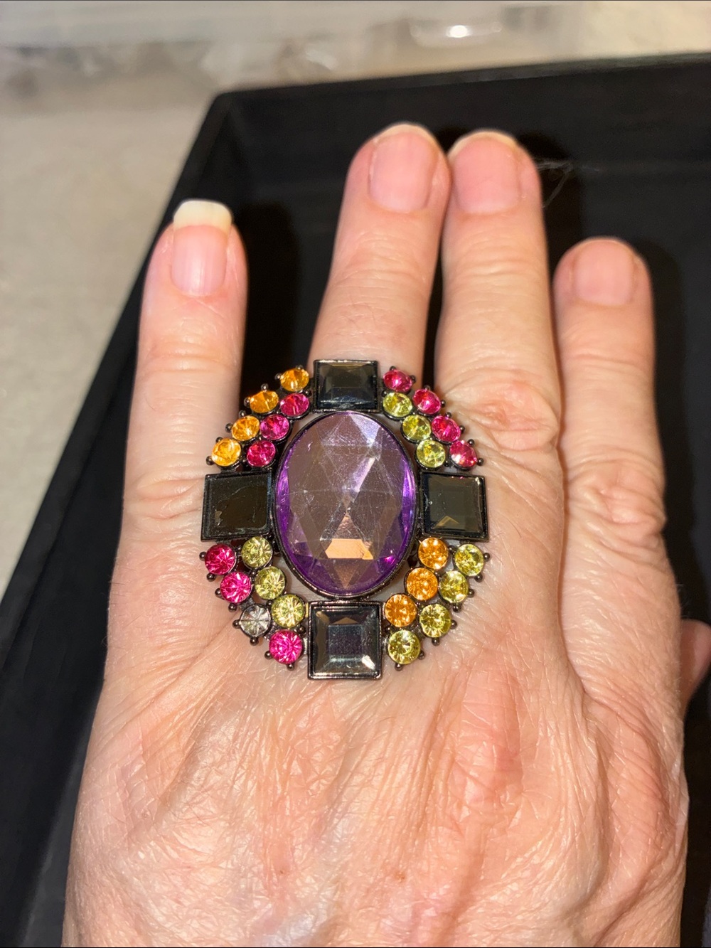Multicolor Crystal Cocktail Ring with Purple Center